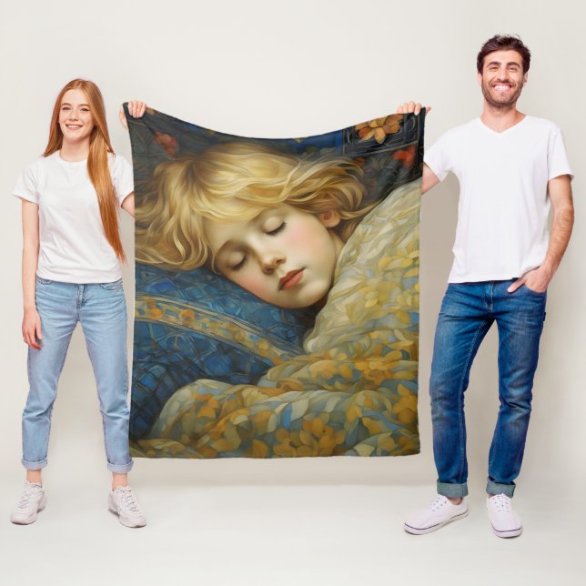 Couverture Polaire Enfant dormant rêvé dans une courtepointe fleurie (En situation)