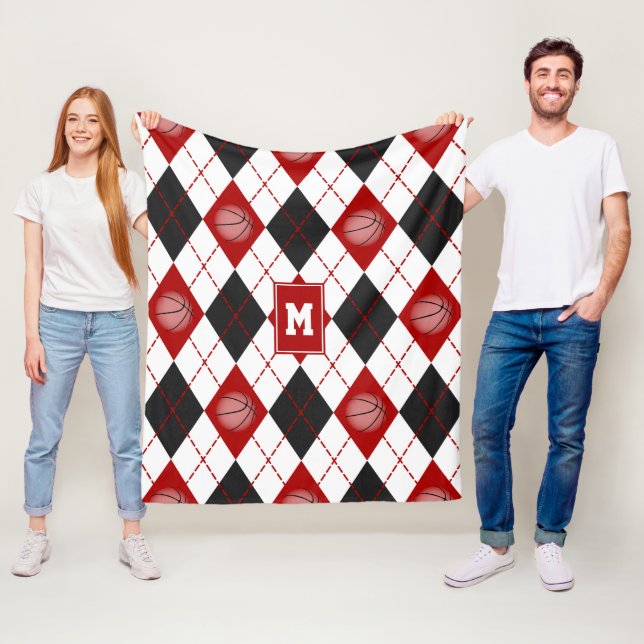 Couverture Polaire équipe de basket-ball rouge noir couleurs Jacquard (En situation)