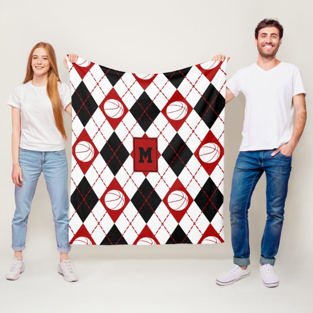 Couverture Polaire équipe de basket-ball rouge noir couleurs Jacquard (En situation)