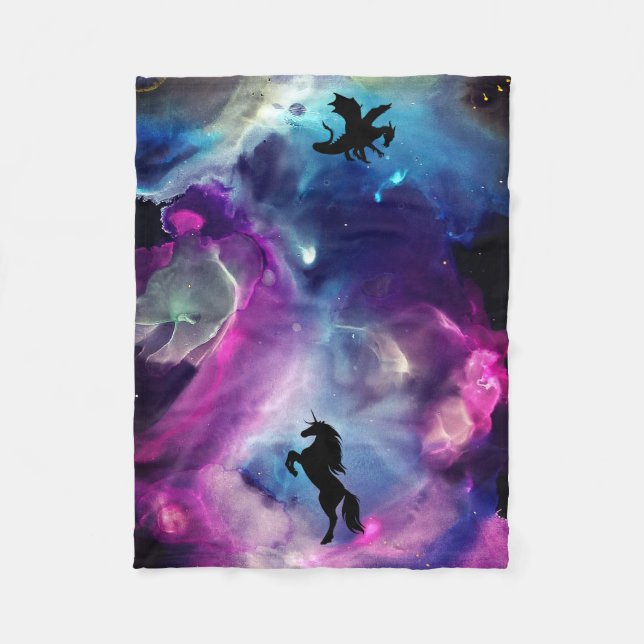 Couverture Polaire Espace Imaginaire Nebula Unicorn Dragon bleu rose (Devant)