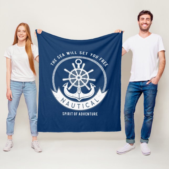 Couverture Polaire Esprit nautique Ancre, Roue, Bleu marine (En situation)