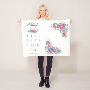 Couverture Polaire Étape importante mensuelle de bébé blanc rose d
