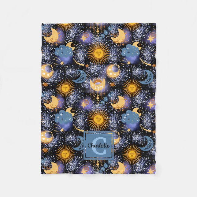 Couverture Polaire Étoiles de la lune Motif céleste Soleil Monogramme (Devant)