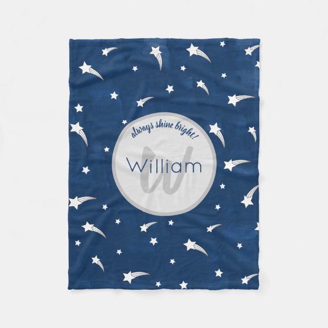 Couverture Polaire Étoiles de tir Aquarelle bleu marine Monogramme (Devant)