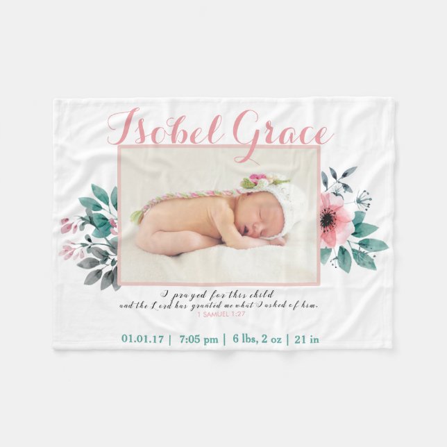 Couverture Polaire Faire-part de naissance floral avec le vers de (Devant (Horizontal))