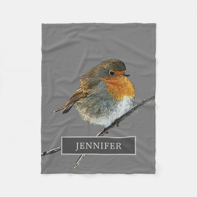 Couverture Polaire Famille d'oiseaux Robin monogrammed gris (Devant)