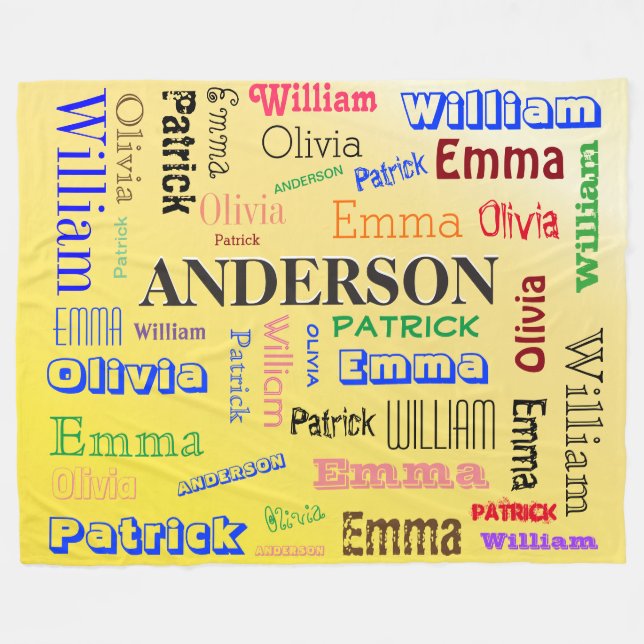 Couverture Polaire Famille personnalisée 🏡 💖 Nom Mot Cloud Jaune (Devant (Horizontal))