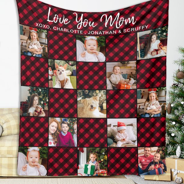 Couverture Polaire Famille Personnalisée Rouge Plaid 13 Photo Collage (Créateur téléchargé)