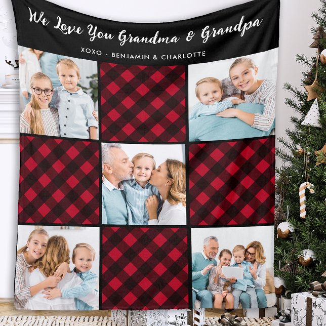 Couverture Polaire Famille Personnalisée Rouge Plaid 5 Photo Collage (Créateur téléchargé)