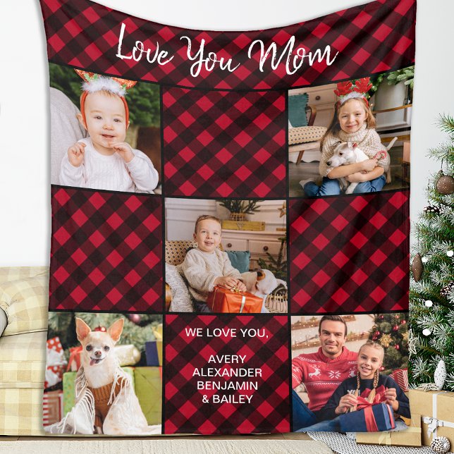 Couverture Polaire Famille Personnalisée Rouge Plaid 5 Photo Collage (Créateur téléchargé)