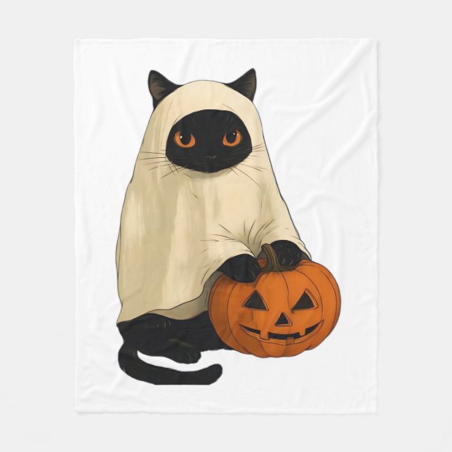 Couverture Polaire Fantôme de chat noir avec T-shirt Citrouille essen (Devant)