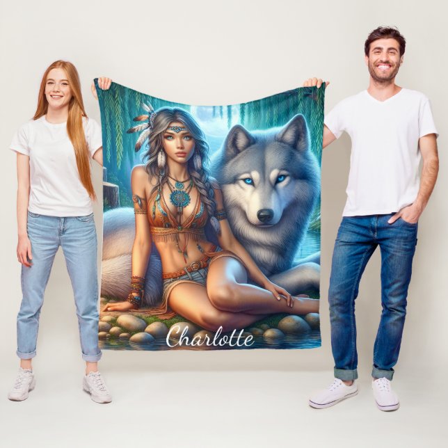 Couverture Polaire Femme indienne et loup au bord de la rivière (En situation)