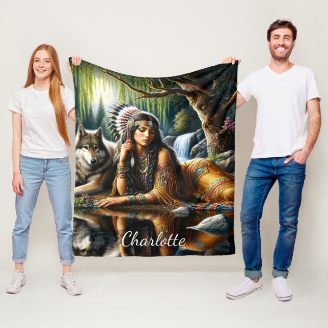 Couverture Polaire Femme indienne fascinante avec un loup loyal (En situation)