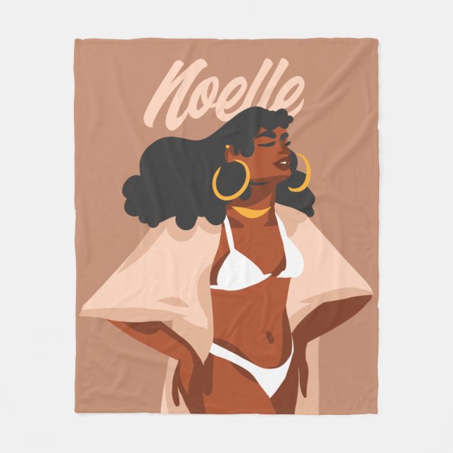 Couverture Polaire Femme noire, Bikini blanc, Prêt plage (Devant)