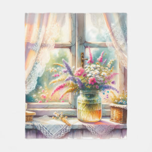 Couverture Polaire Fenêtre de cottage ensoleillée avec fleurs sauvage