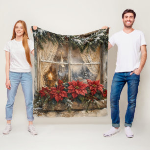 Couverture Polaire Fenêtre de Noël au poinsettia enneigé