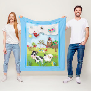 Couverture Polaire Ferme avec de mignons animaux scène sur le bleu