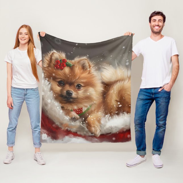 Couverture Polaire Fête de Noël de Chien de Poméranie (En situation)