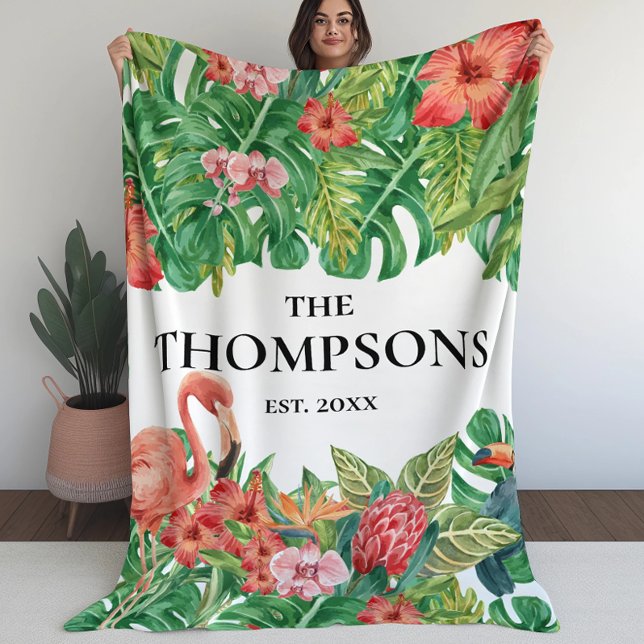 Couverture Polaire Feuillage de verdure tropicale Famille de flamant  (Créateur téléchargé)