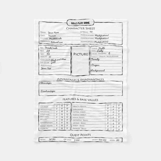 Couverture Polaire Feuille de caractère de jeu de jeu de rôle (Devant)