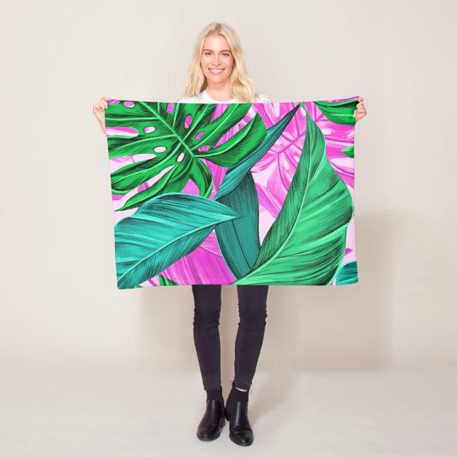 Couverture Polaire Feuille rose et vert tropical lumineux (En situation)
