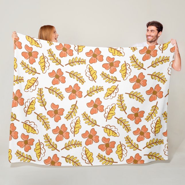 Couverture Polaire Feuilles d'automne en chute chaude avec fleurs (En situation)