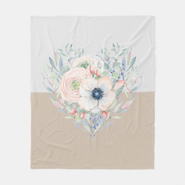 Couverture Polaire Feuilles & Fleurs Aquarelle Coeur (Devant)