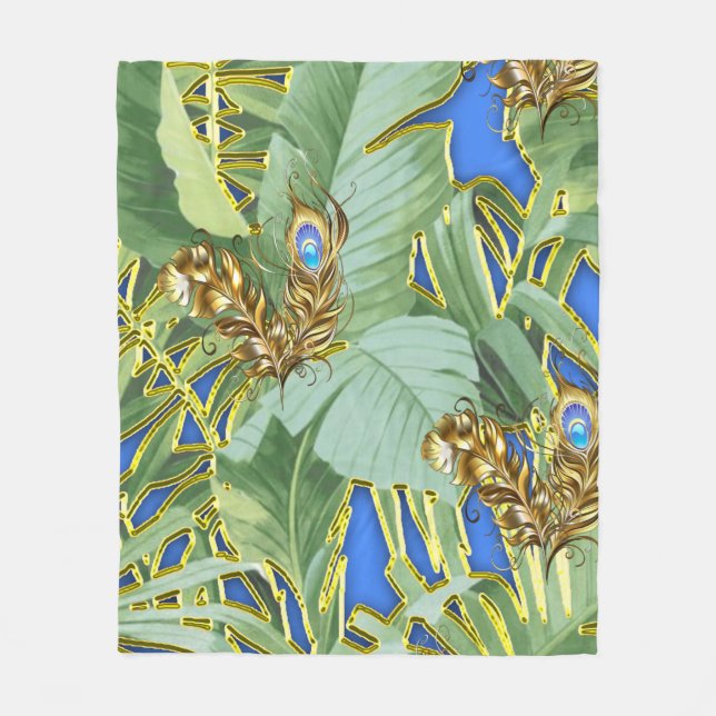 Couverture Polaire Feuilles Golden Peacock sur Cerulean Blue (Devant)
