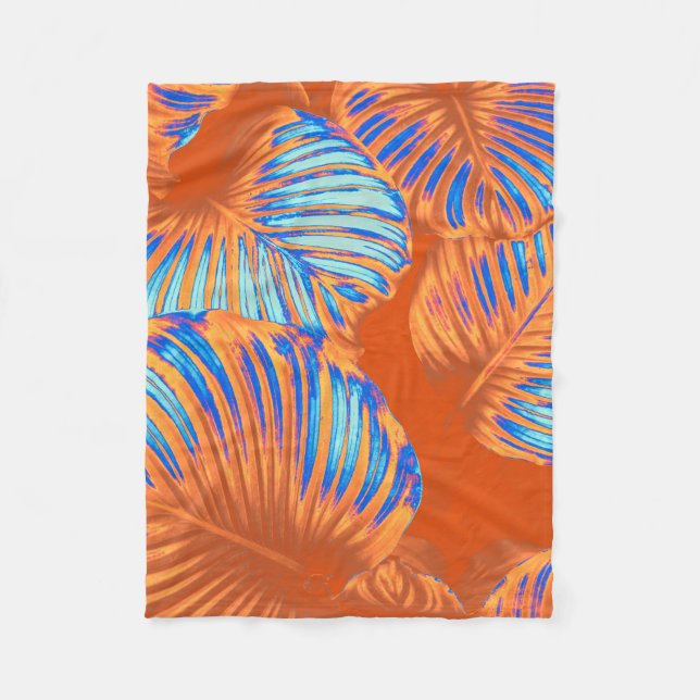 Couverture Polaire Feuilles tropicaux brûlés d'orange et de bleu élec (Devant)