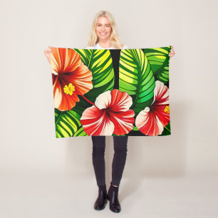 Couverture Polaire Feuilles tropicaux colorés et fleurs d'Hibiscus