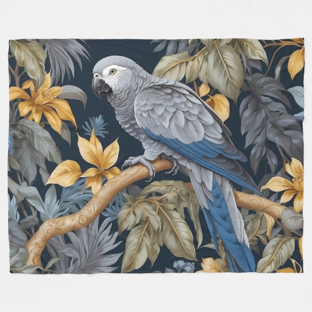 Couverture Polaire Feuilles tropicaux du perroquet gris d'Afrique (Devant (Horizontal))