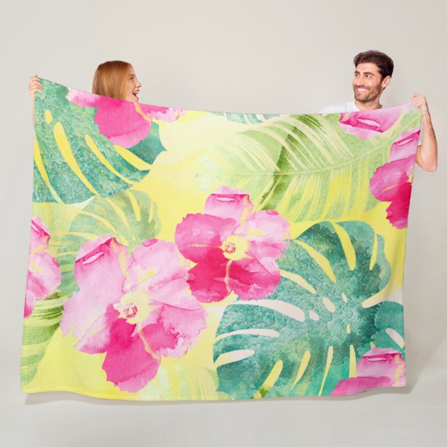 Couverture Polaire Feuilles tropicaux et fleurs d'Hibiscus Aquarelle (En situation)