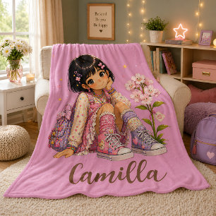 Couverture Polaire Fille aux cheveux foncés personnalisée nom