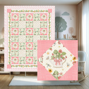 Couverture Polaire Fille Bébé Floral Gingham Fraises d'Été