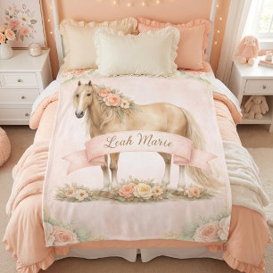 Couverture Polaire Fille Cheval Floral Pêche Nom Personnalisé