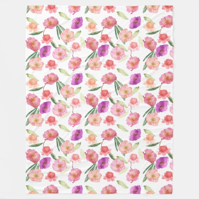 Couverture Polaire Fille Peach rose violet aquarelle Florale (Devant)