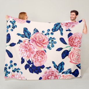 Couverture Polaire Fille Rose Marine Bleu Pays Fleurs Peintes