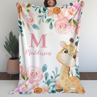 Couverture Polaire Filles Blanket Floral avec Monogramme Giraffe