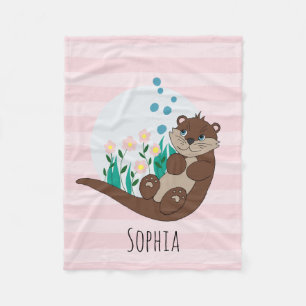 Couverture Polaire Filles Cute Otter Fleurs de dessins et nom Enfants