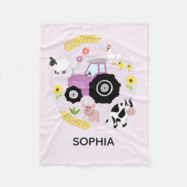 Couverture Polaire Filles Cute Rose Farm Animaux Tracteur & Nom Enfan (Devant)