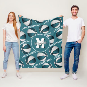Couverture Polaire filles décor sportif J'adore basket blanc turquois