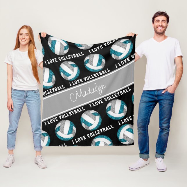 Couverture Polaire Filles gris turquoise J'aime le volley-ball person (En situation)