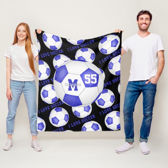Couverture Polaire filles I love football texte bleu blanc noir (En situation)
