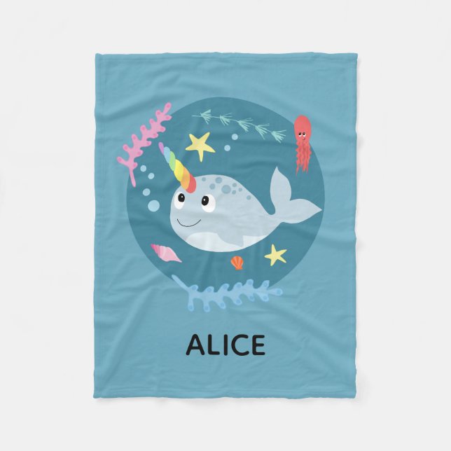Couverture Polaire Filles mignonne arc-en-ciel Narwhal & Nom Turquois (Devant)
