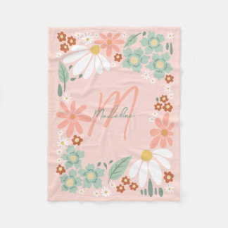 Couverture Polaire Filles Mignonnes Fleurs Rétro Monogramme Rose