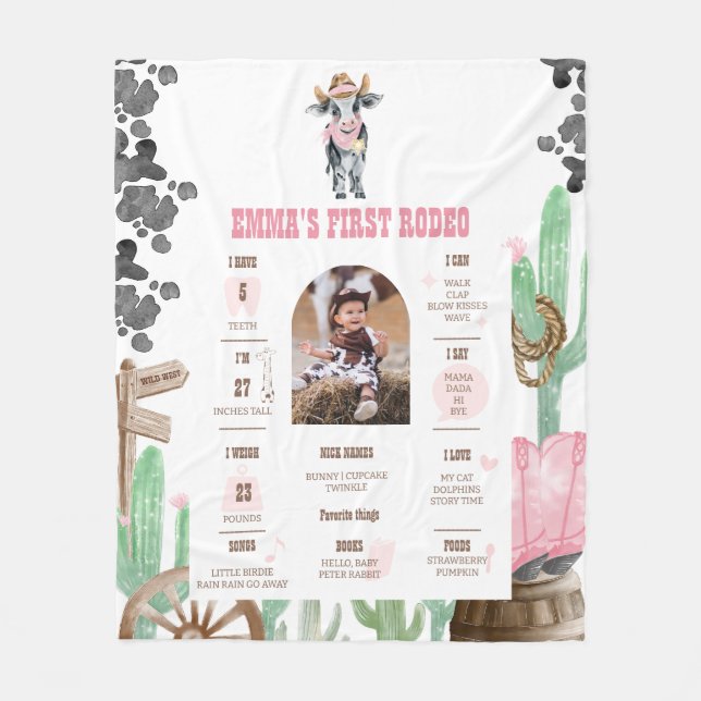 Couverture Polaire First Rodeo Baby Cow Wild West Milestone Sign  (Devant)