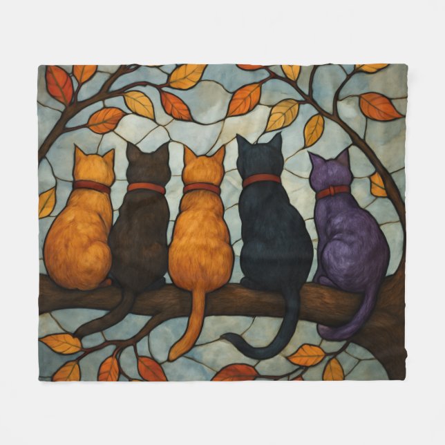 Couverture Polaire Five Cats on a Tree Branch Stained Glass Style (Devant (Horizontal))