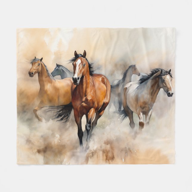 Couverture Polaire "Five Wild Mustangs" Aquarelle Occidentale Dusty (Devant (Horizontal))