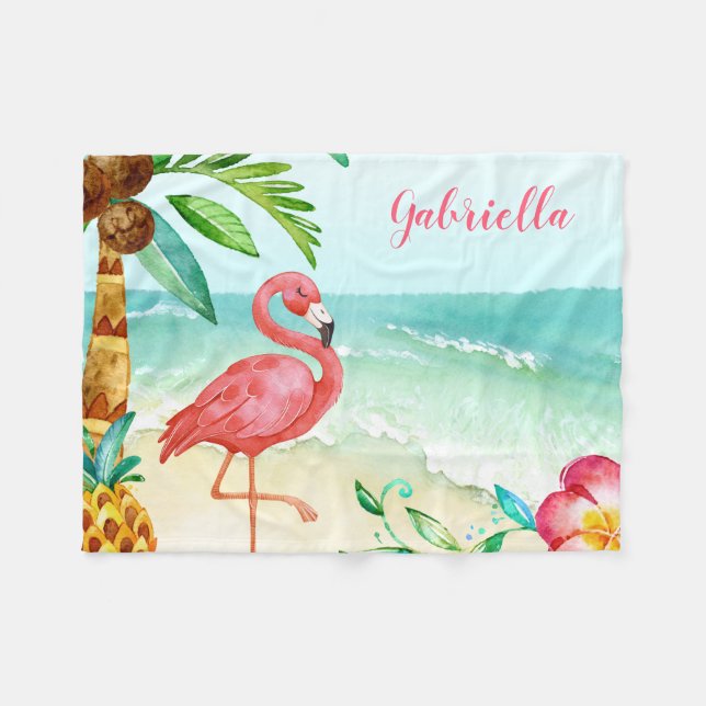 Couverture Polaire Flamant rose de plage tropical personnalisé (Devant (Horizontal))