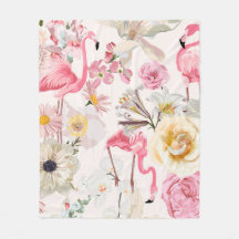 Flamant rose et fleurs exotiques blanches roses.